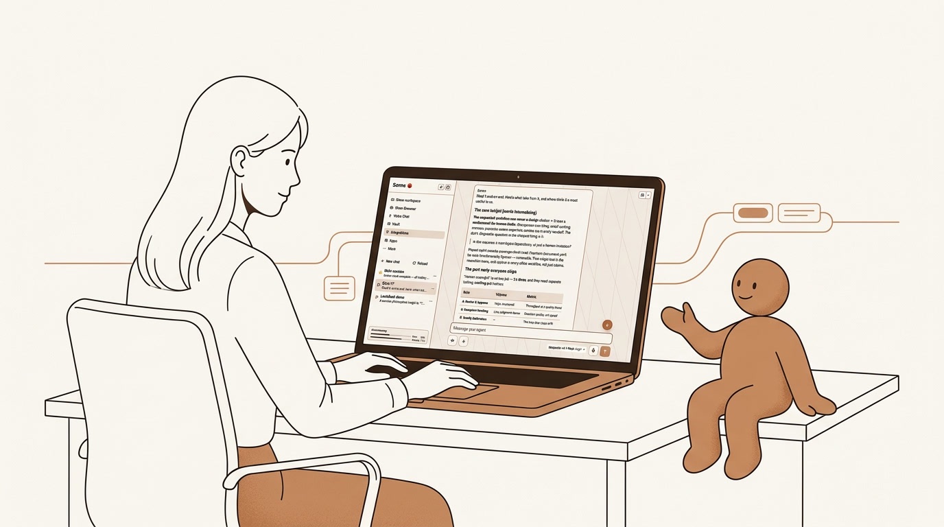 An employee at her laptop, with her personal assistant sitting beside her on the desk