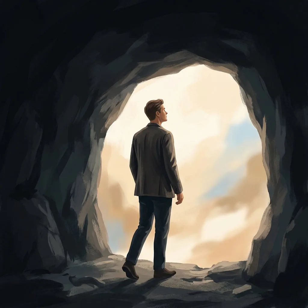 A man in a jacket stands in the mouth of a dark cave, looking out towards the light