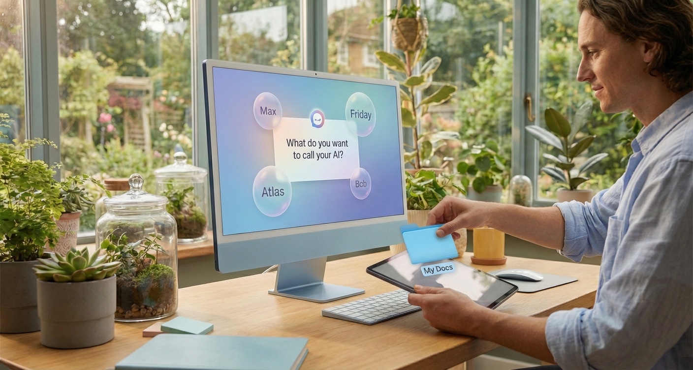 Person naming their AI assistant — screen shows 'What do you want to call your AI?' with name suggestions